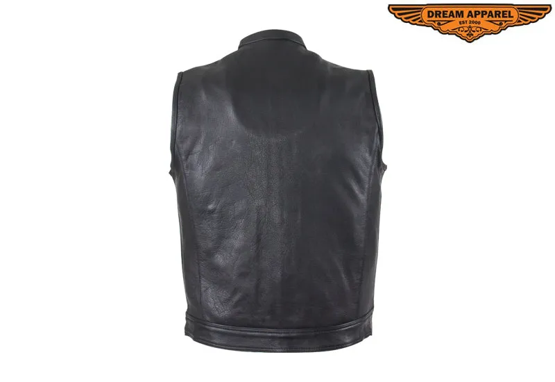 Mens Motorcycle Leather Club Vest With Red Liner