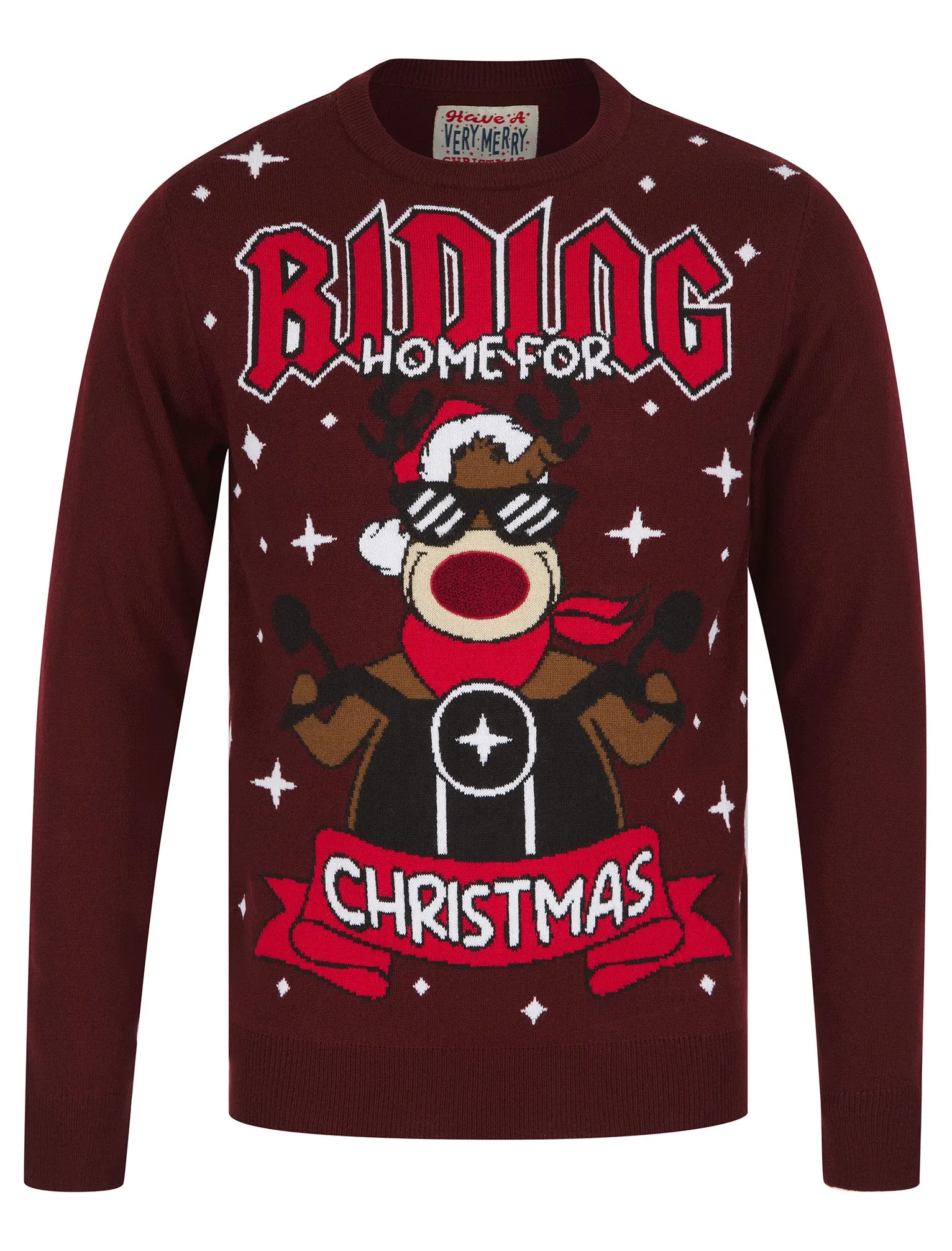 Men's Rude Angel Motif LED Light Up Novelty Knitted Christmas Jumper in Claret - Merry Christmas