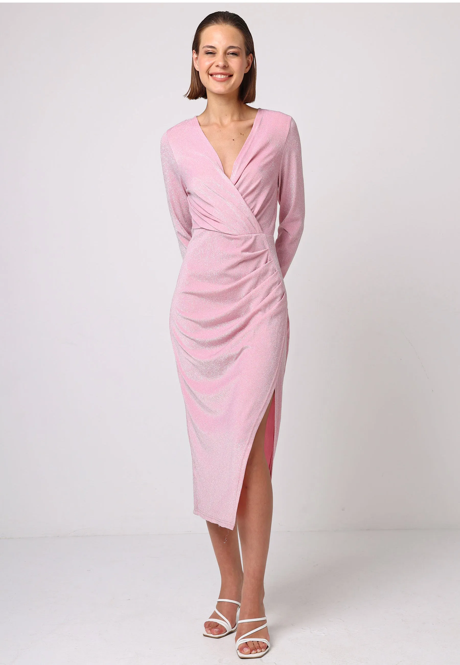 Metallic Long Sleeve Faux Wrap Midi Dress in Pink