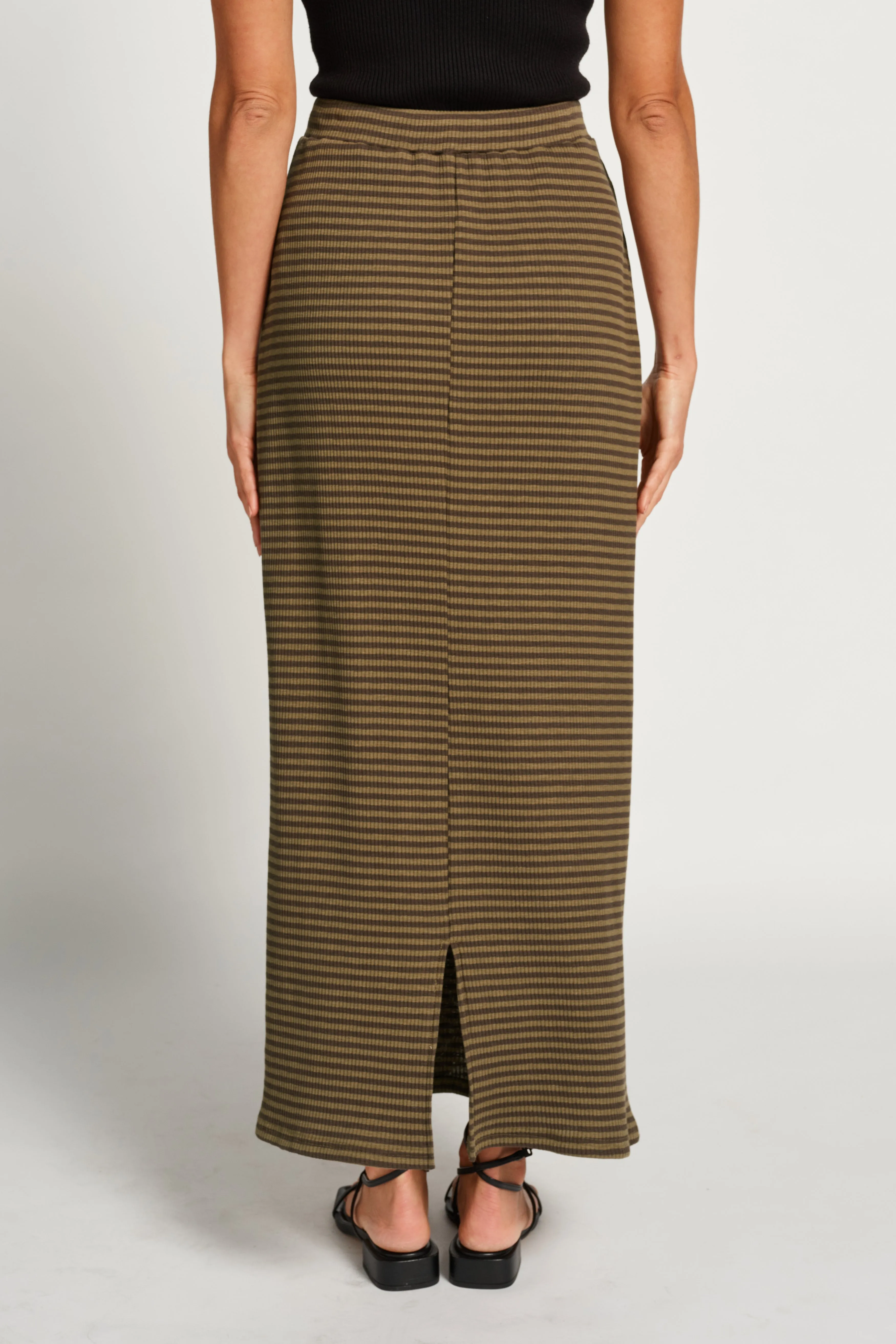 Moss Ribbed Column Midi Skirt - Forest Green Stripe