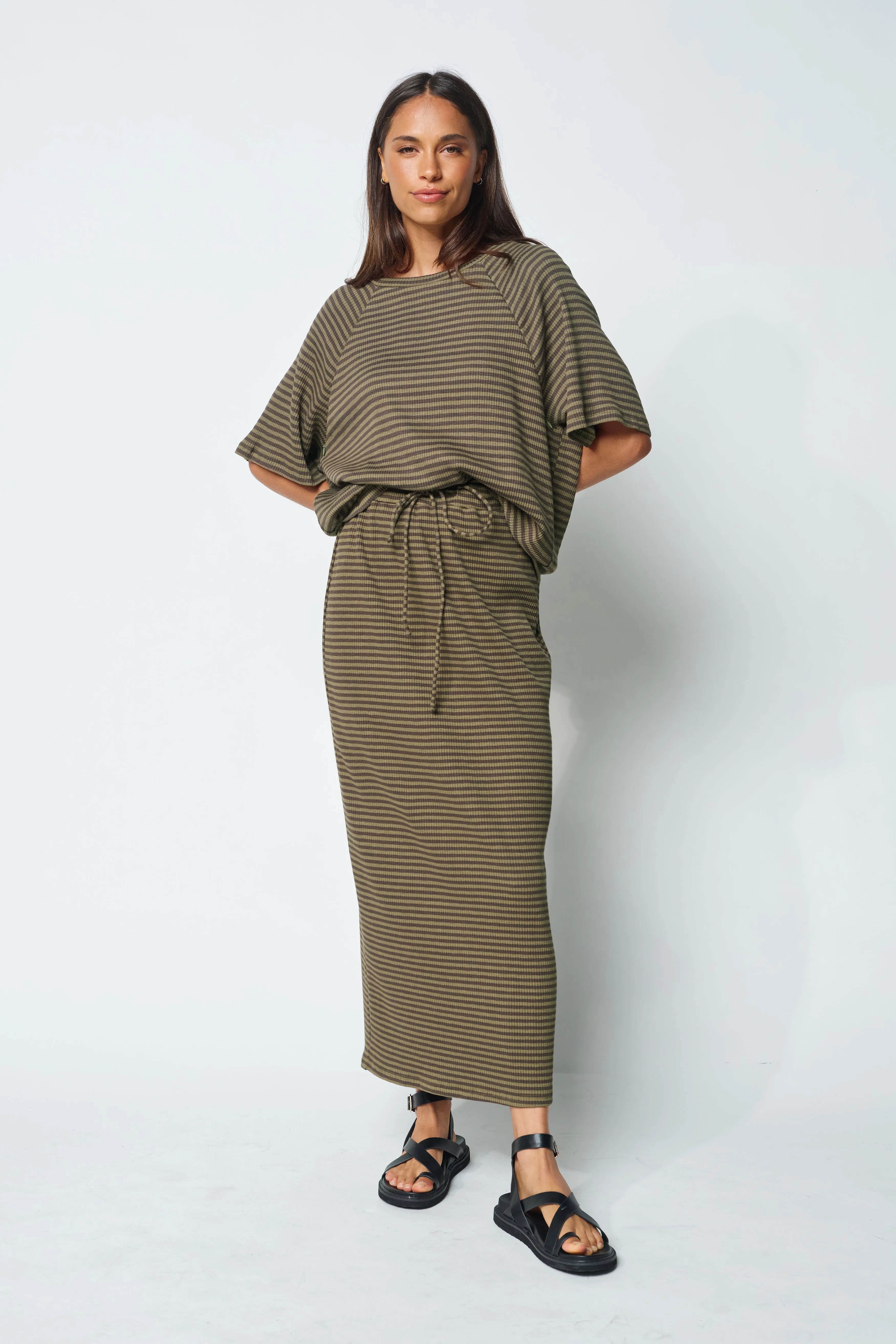 Moss Ribbed Column Midi Skirt - Forest Green Stripe