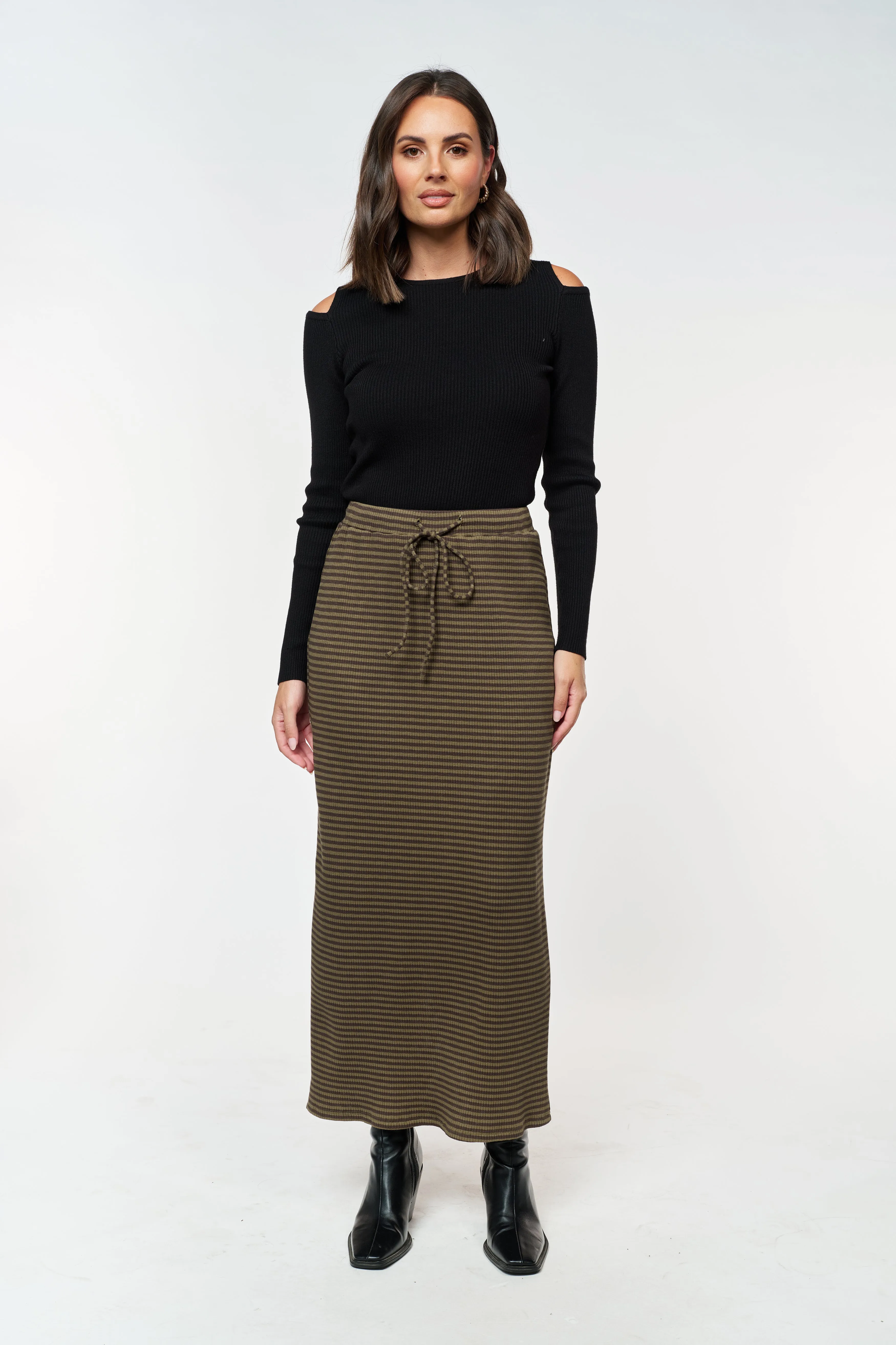 Moss Ribbed Column Midi Skirt - Forest Green Stripe