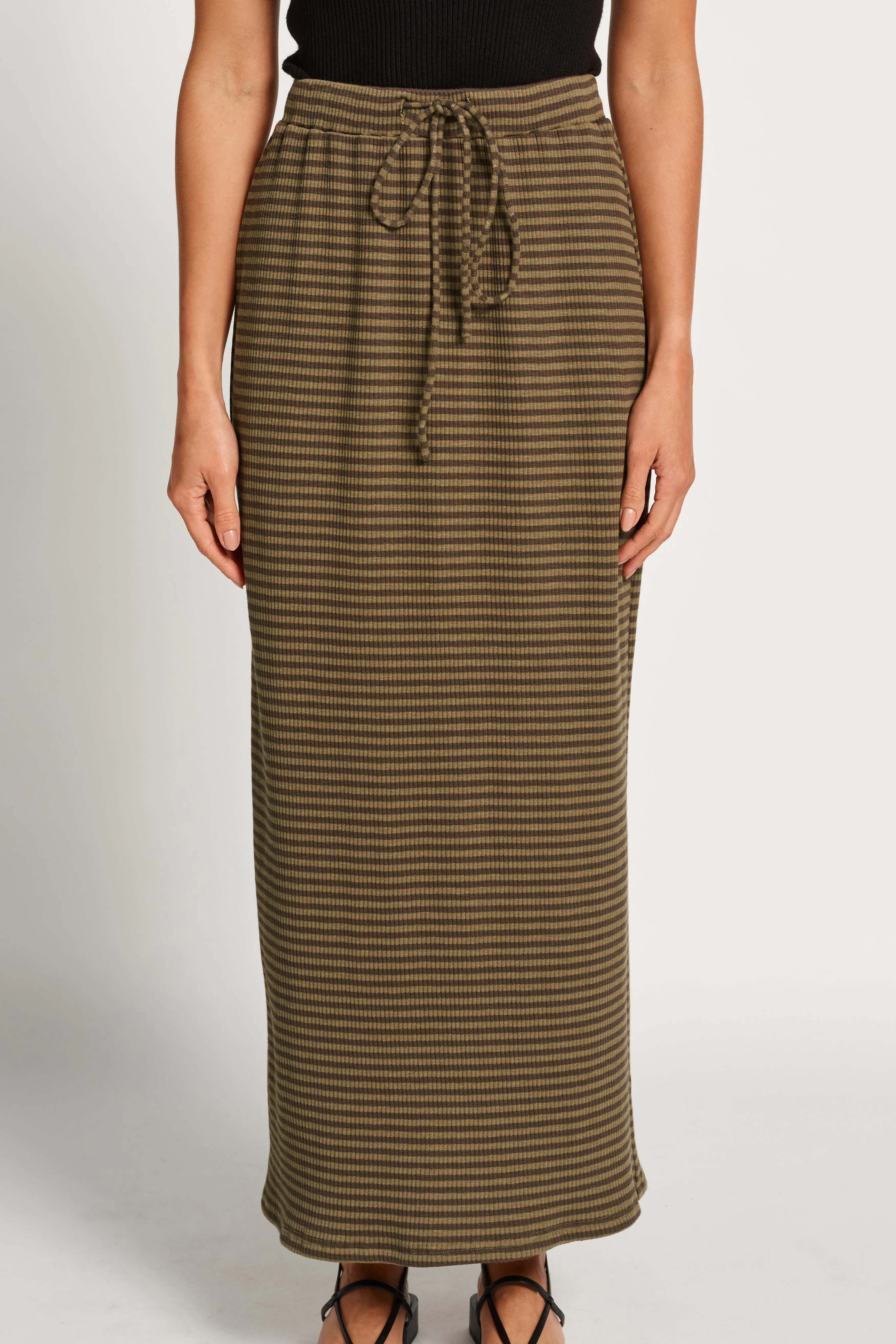 Moss Ribbed Column Midi Skirt - Forest Green Stripe