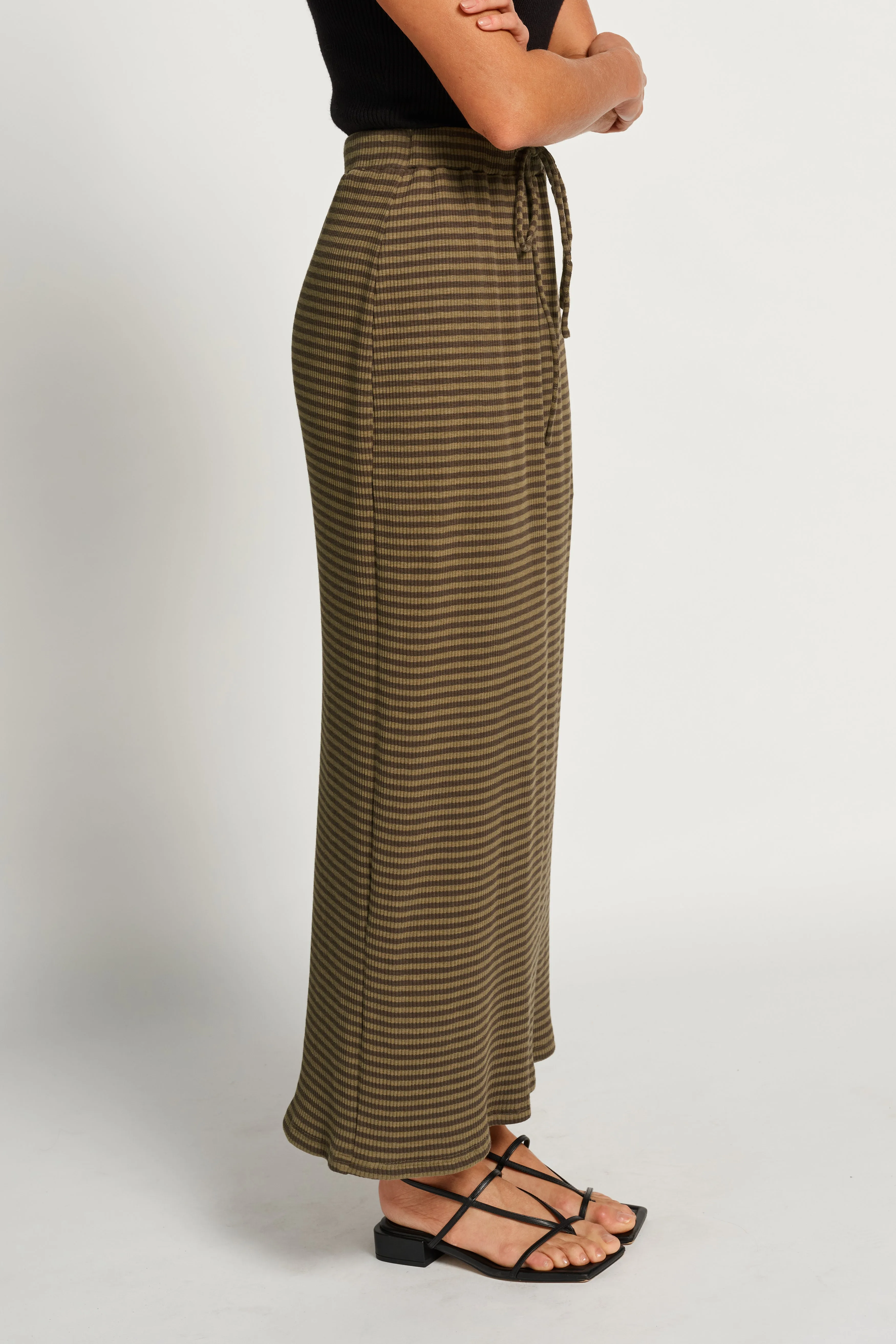 Moss Ribbed Column Midi Skirt - Forest Green Stripe