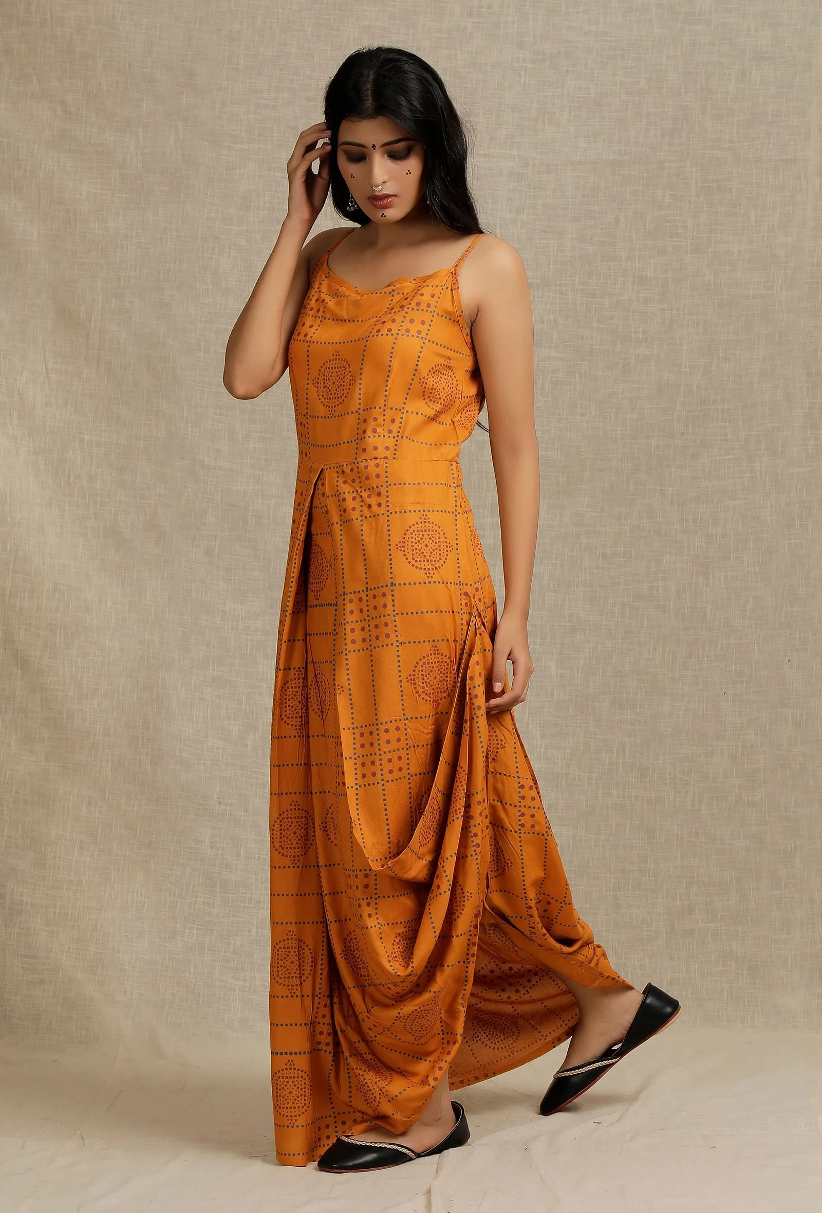 Mustard Hand Block Printed draped styled long Dress