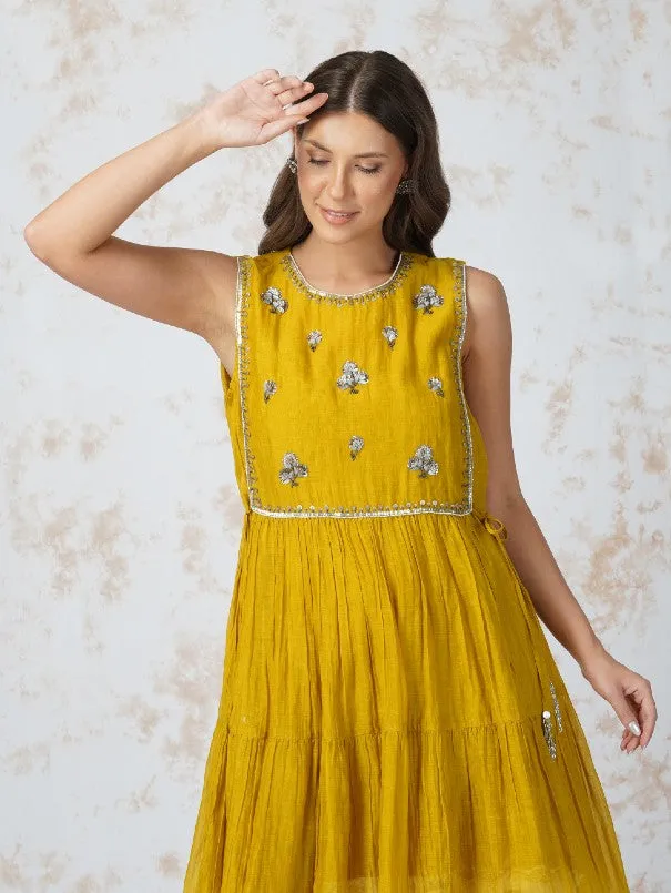 Mustard Yellow Antique Work Chanderi Tiered Dress (Set of 2)