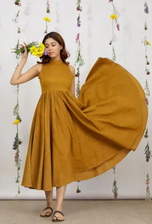 Mustard Yellow Khadi Cotton Flared Halter Neck Sleeveless Dress