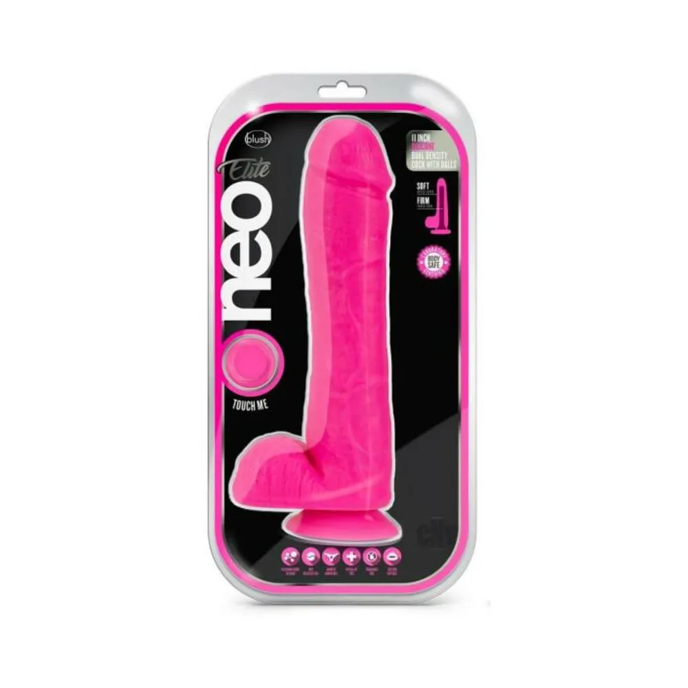 Neo Elite - 11-inch Silicone Dual-density Cock With Balls - Neon Pink