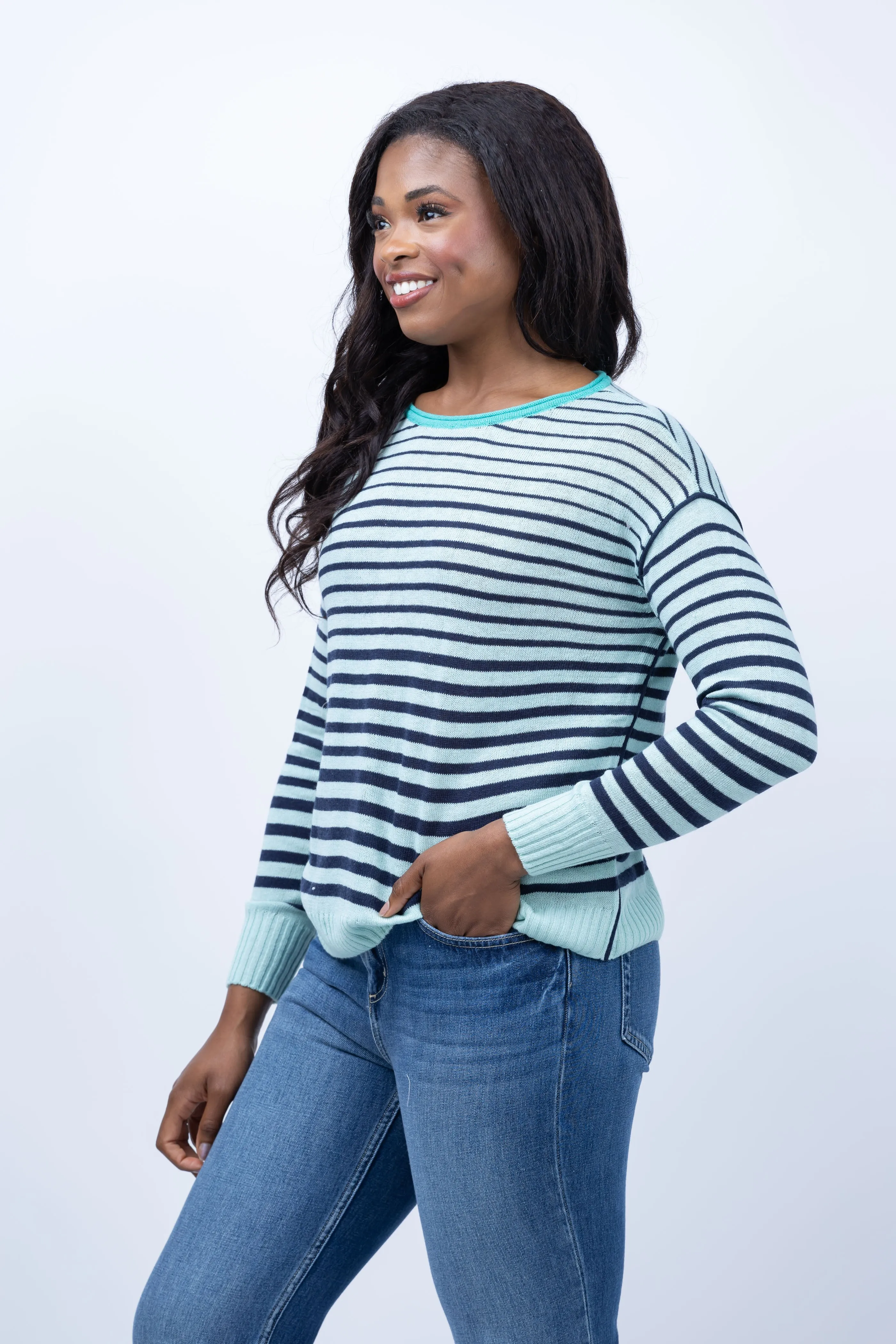 Nic   Zoe Supersoft Stripedup Sweater in Aqua