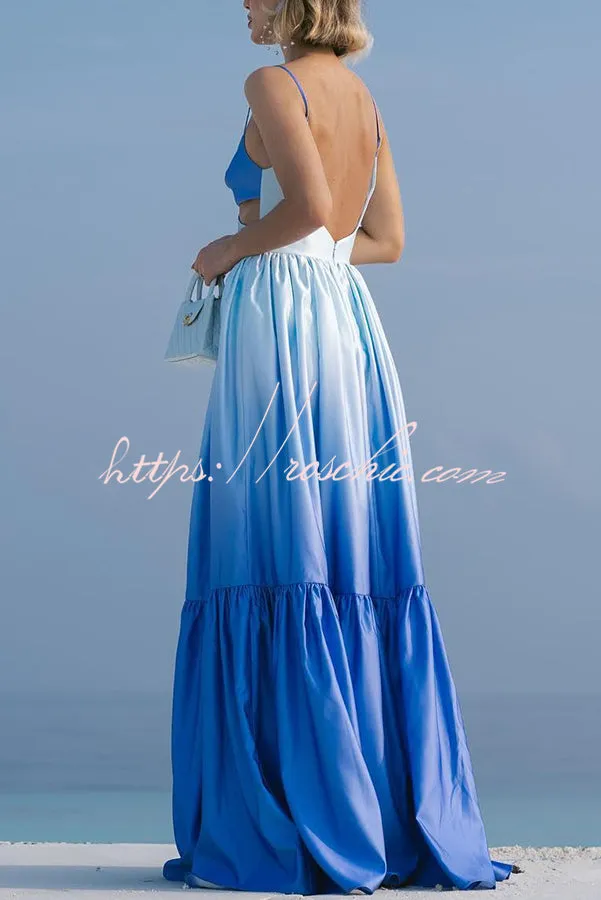 Ocean Breeze Gradient Color Print Cutout Waist Tiered Maxi Dress