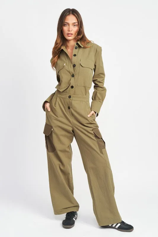 Olive Colored Button Down Cargo Jumpsuit