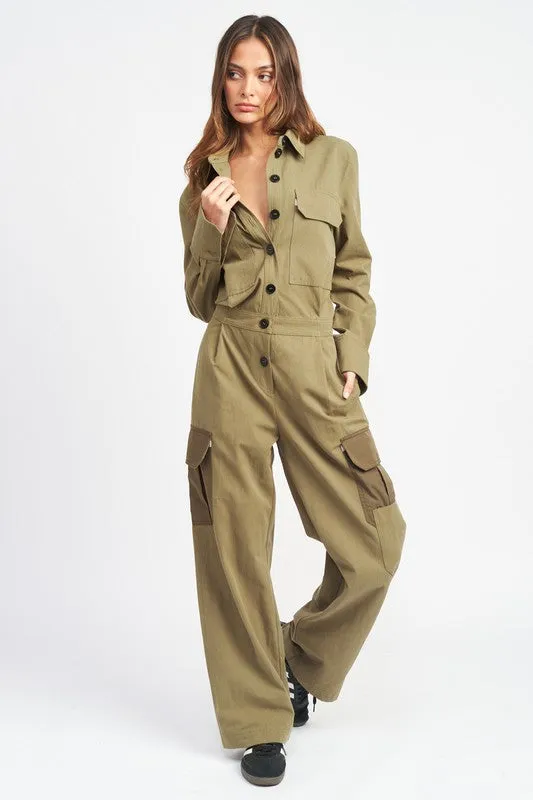 Olive Colored Button Down Cargo Jumpsuit