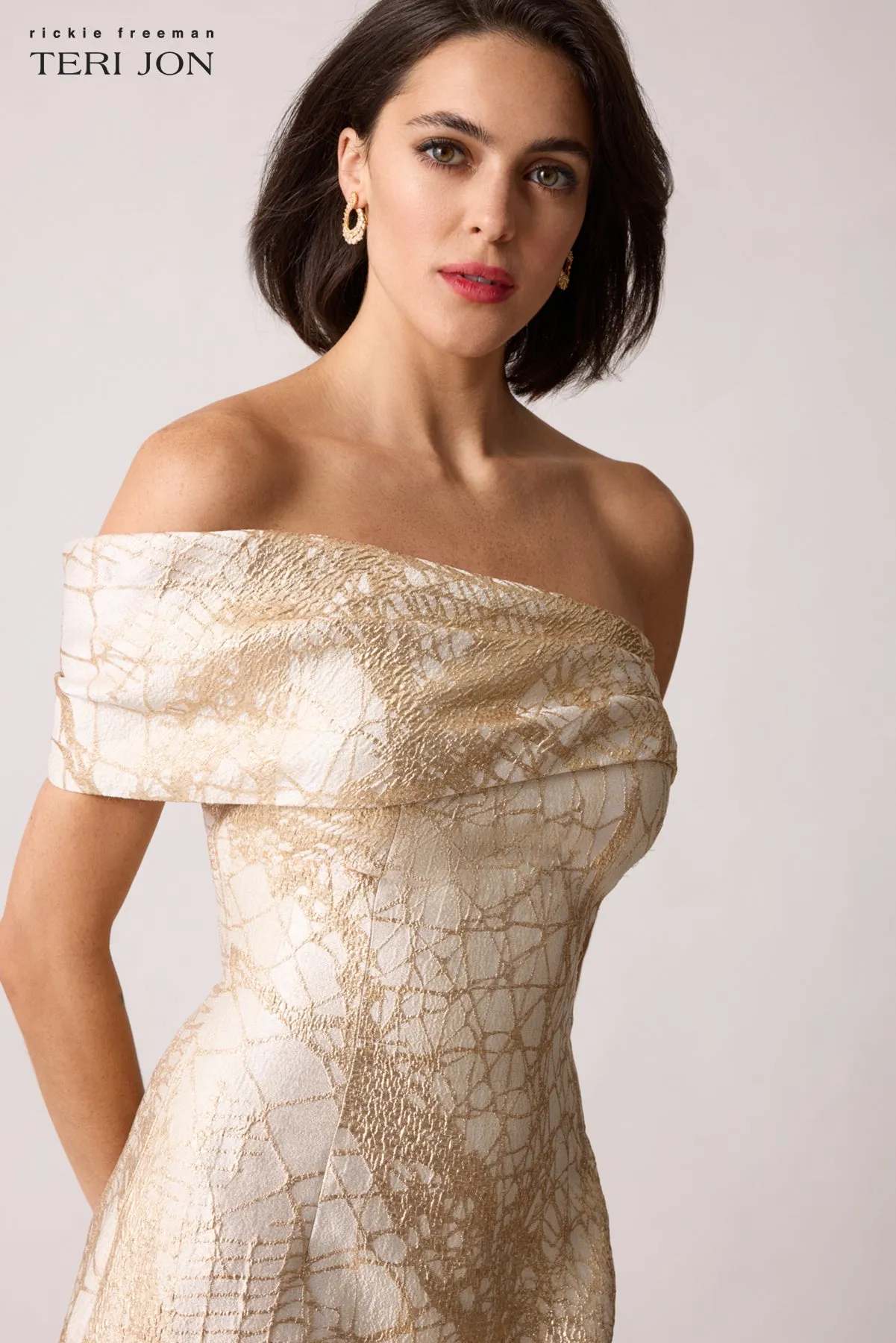 One Shoulder Cuff Jacquard Evening Gown