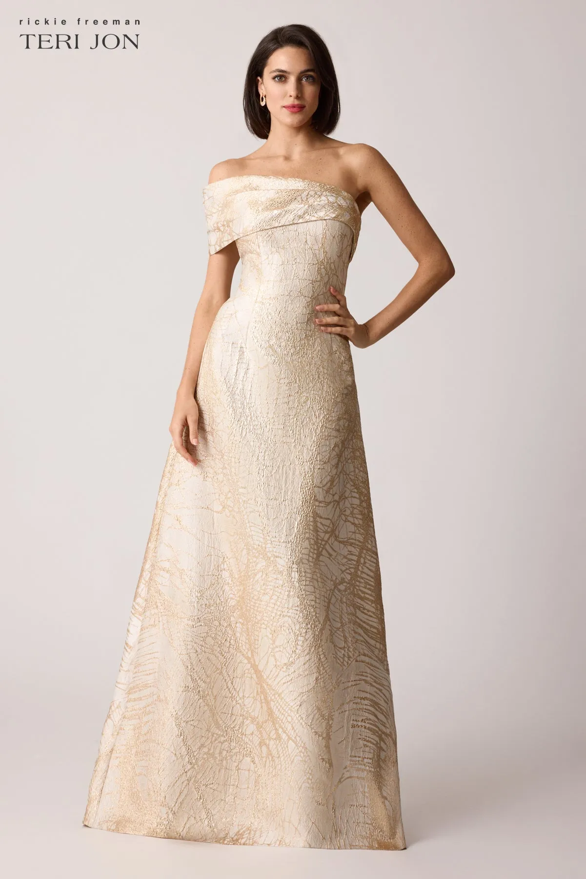 One Shoulder Cuff Jacquard Evening Gown