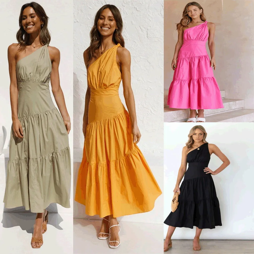 One-Shoulder Ruffle Tiered Hemline Maxi Dresses