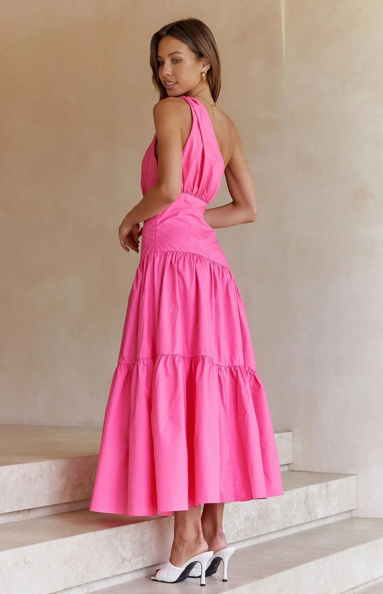 One-Shoulder Ruffle Tiered Hemline Maxi Dresses