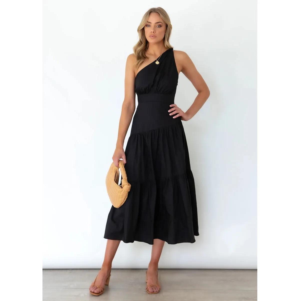 One-Shoulder Ruffle Tiered Hemline Maxi Dresses