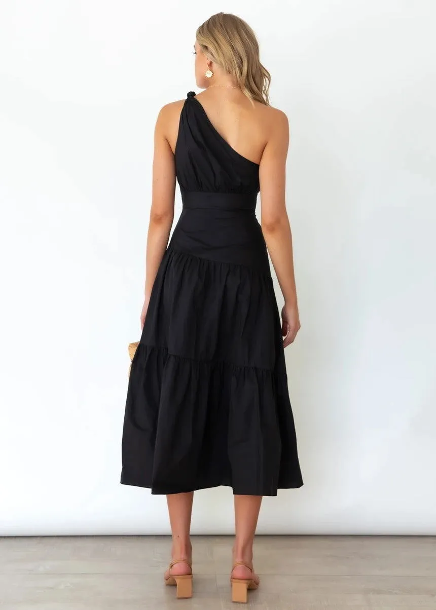 One-Shoulder Ruffle Tiered Hemline Maxi Dresses