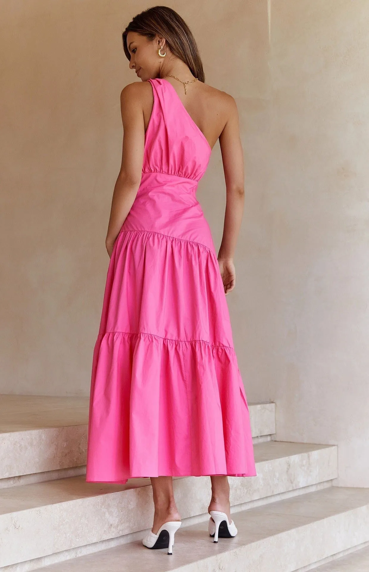 One-Shoulder Ruffle Tiered Hemline Maxi Dresses