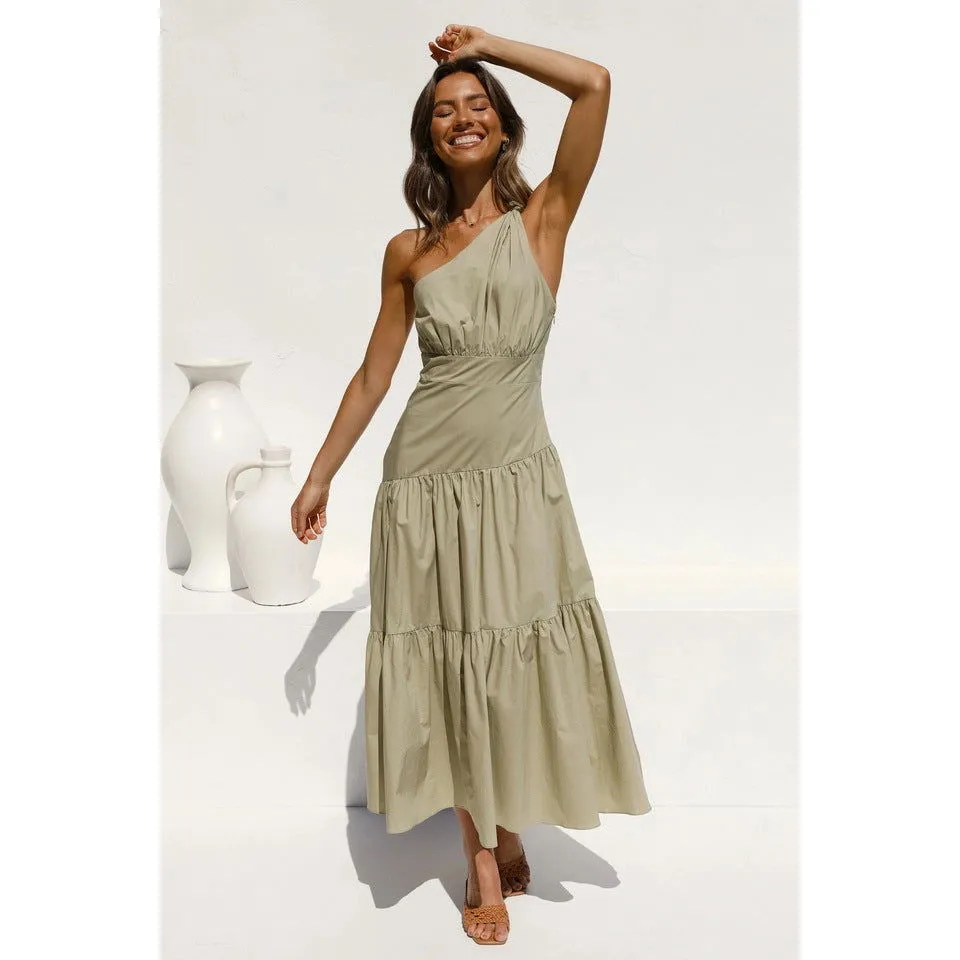 One-Shoulder Ruffle Tiered Hemline Maxi Dresses