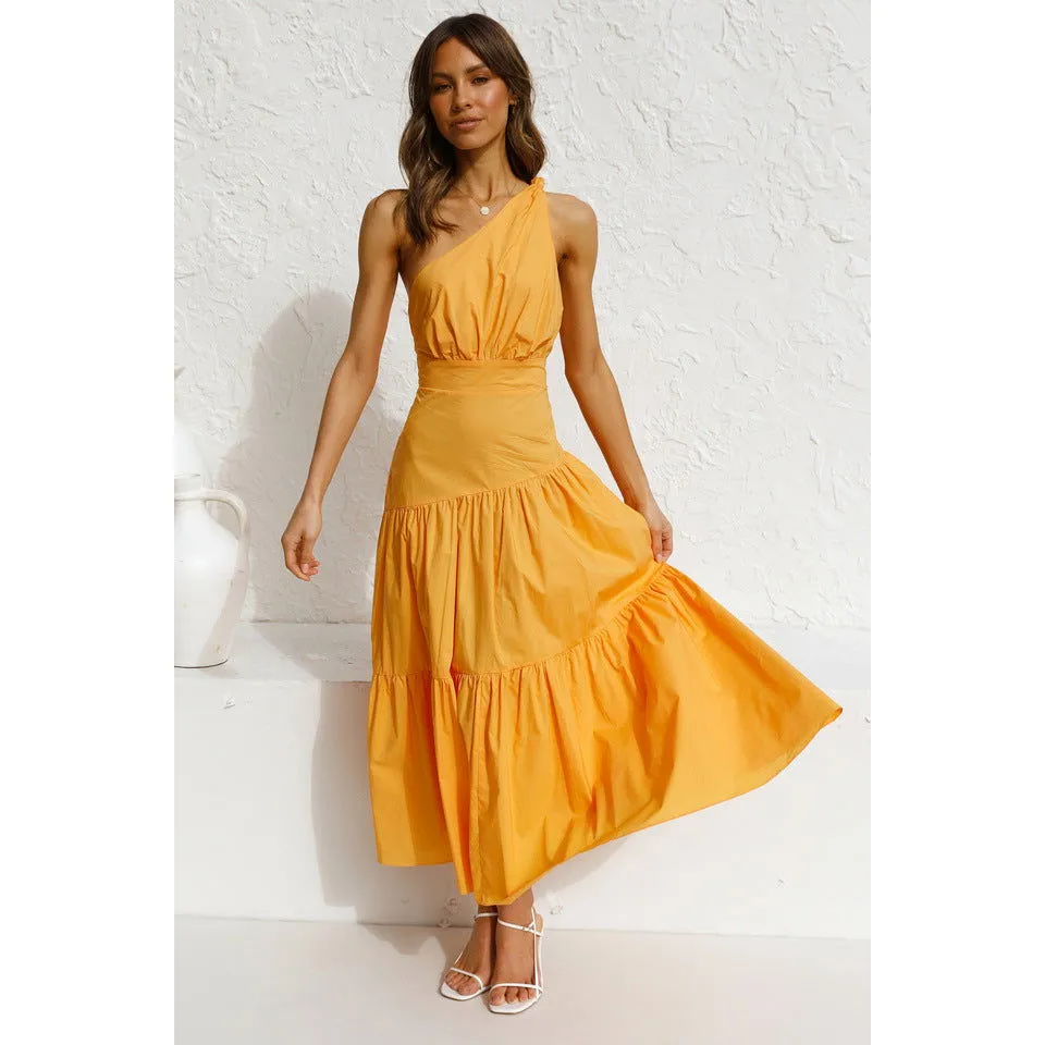 One-Shoulder Ruffle Tiered Hemline Maxi Dresses