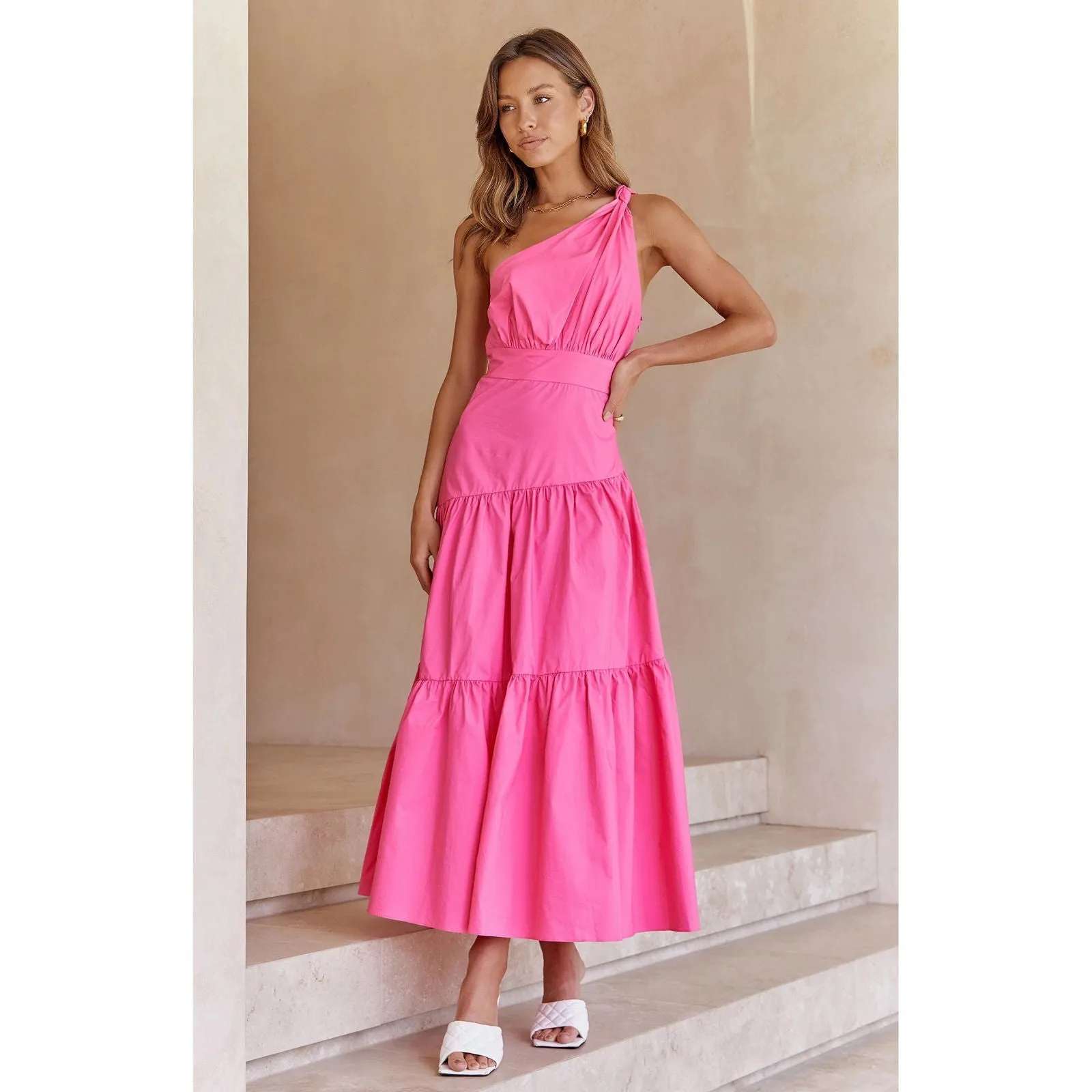 One-Shoulder Ruffle Tiered Hemline Maxi Dresses