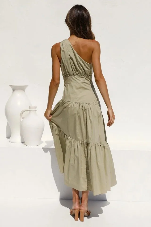 One-Shoulder Ruffle Tiered Hemline Maxi Dresses