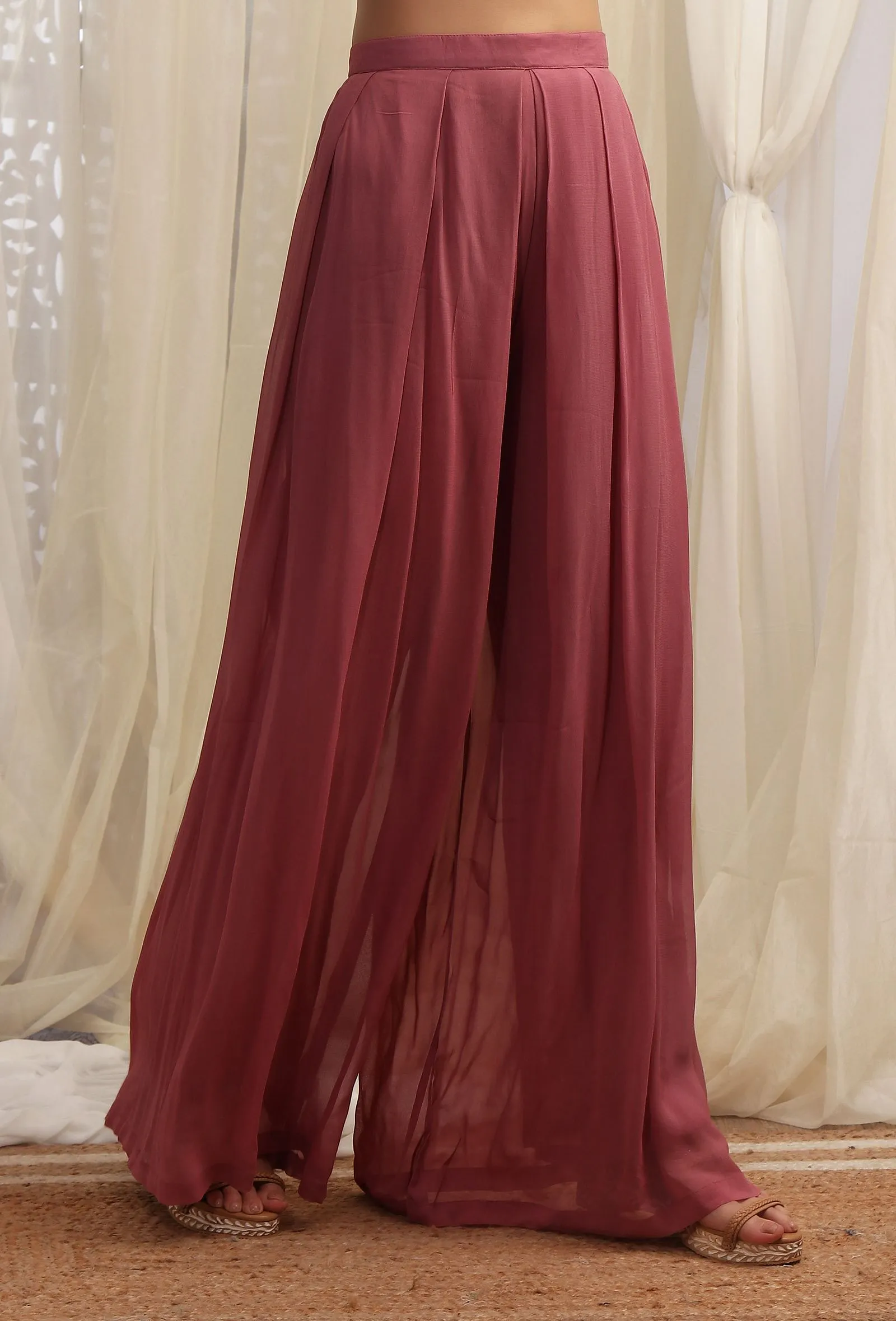 Opera Mauve Plain Georgette Flared Pants