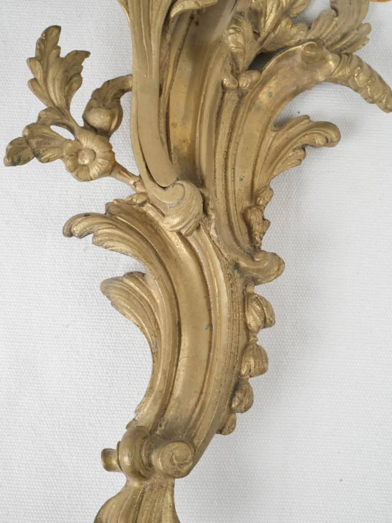 Pair of antique French 3-light wall sconces w/ acanthus leaves & daisy flowers 24"