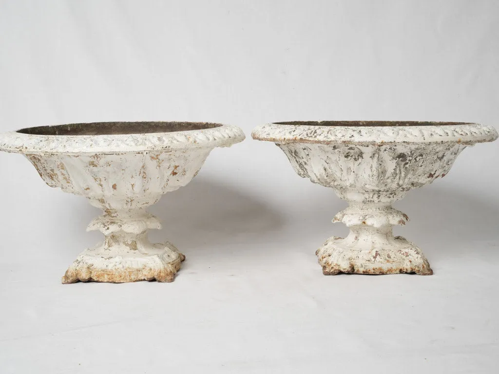 Pair of cast iron coupe Medici urns w/ white patina 22"