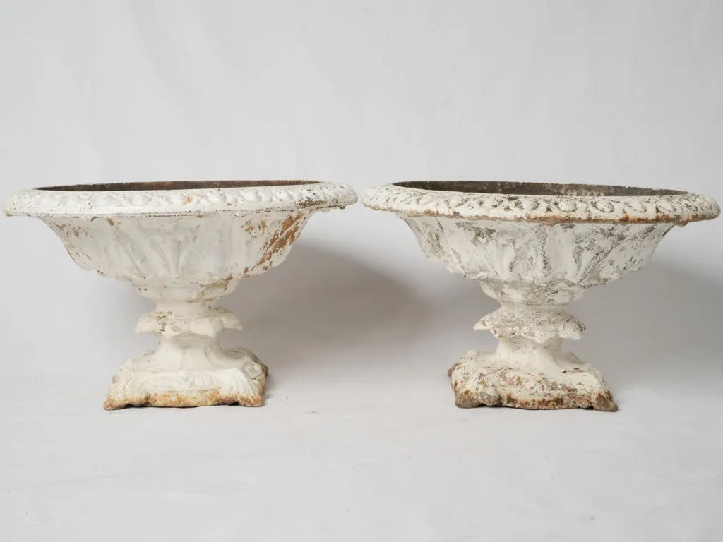 Pair of cast iron coupe Medici urns w/ white patina 22"