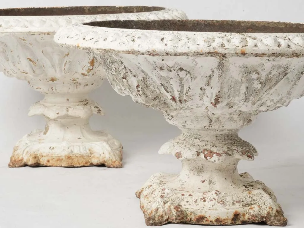 Pair of cast iron coupe Medici urns w/ white patina 22"