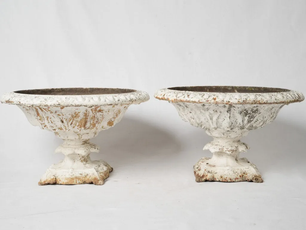 Pair of cast iron coupe Medici urns w/ white patina 22"