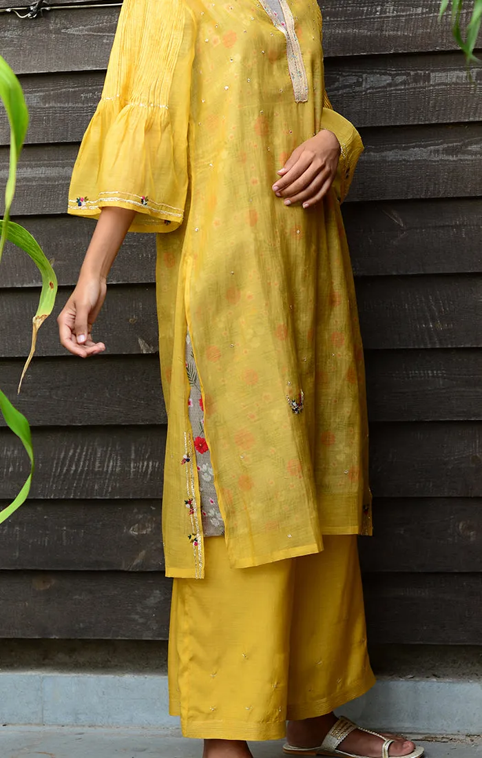 Pale Mustard Kurta with Pants and Printed Slip Dress