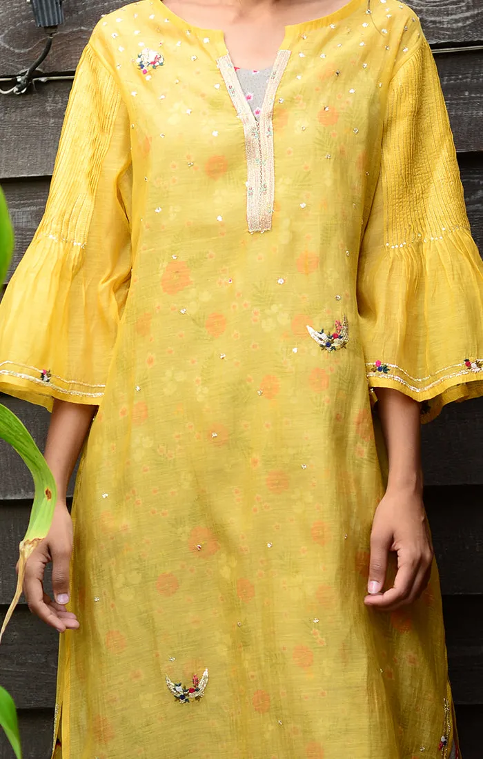 Pale Mustard Kurta with Pants and Printed Slip Dress