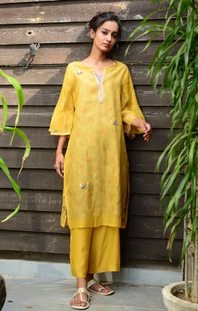 Pale Mustard Kurta with Pants and Printed Slip Dress