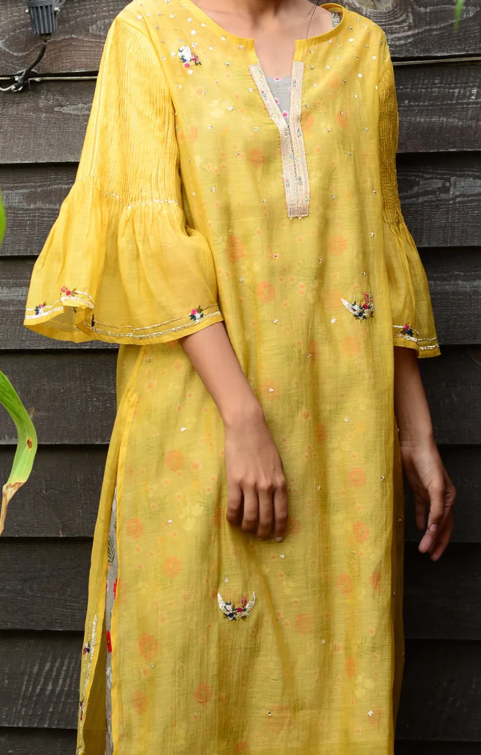 Pale Mustard Kurta with Pants and Printed Slip Dress