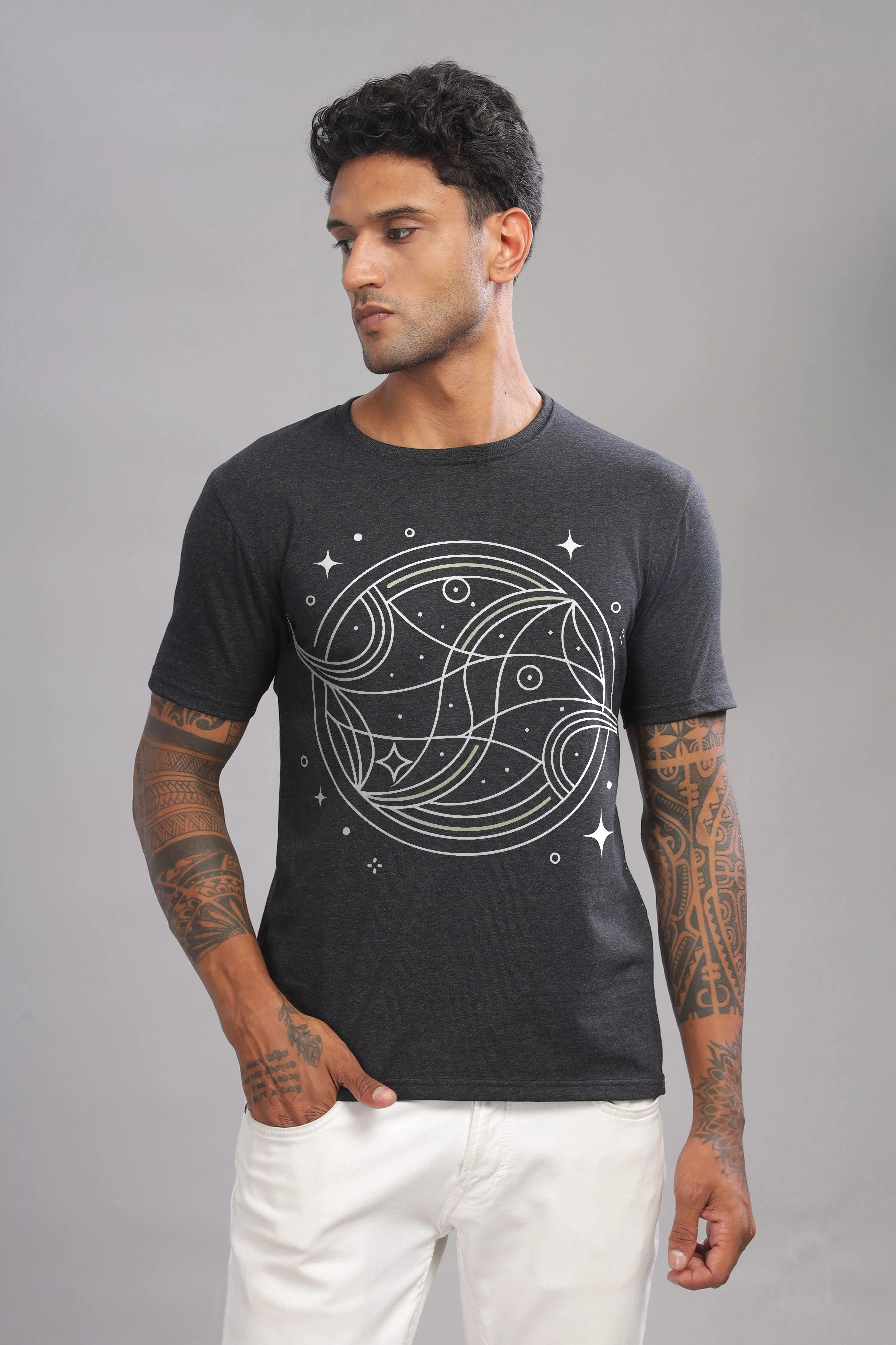 Peaceful Piscean Charcoal Half Sleeve Printed Round Neck T-Shirt