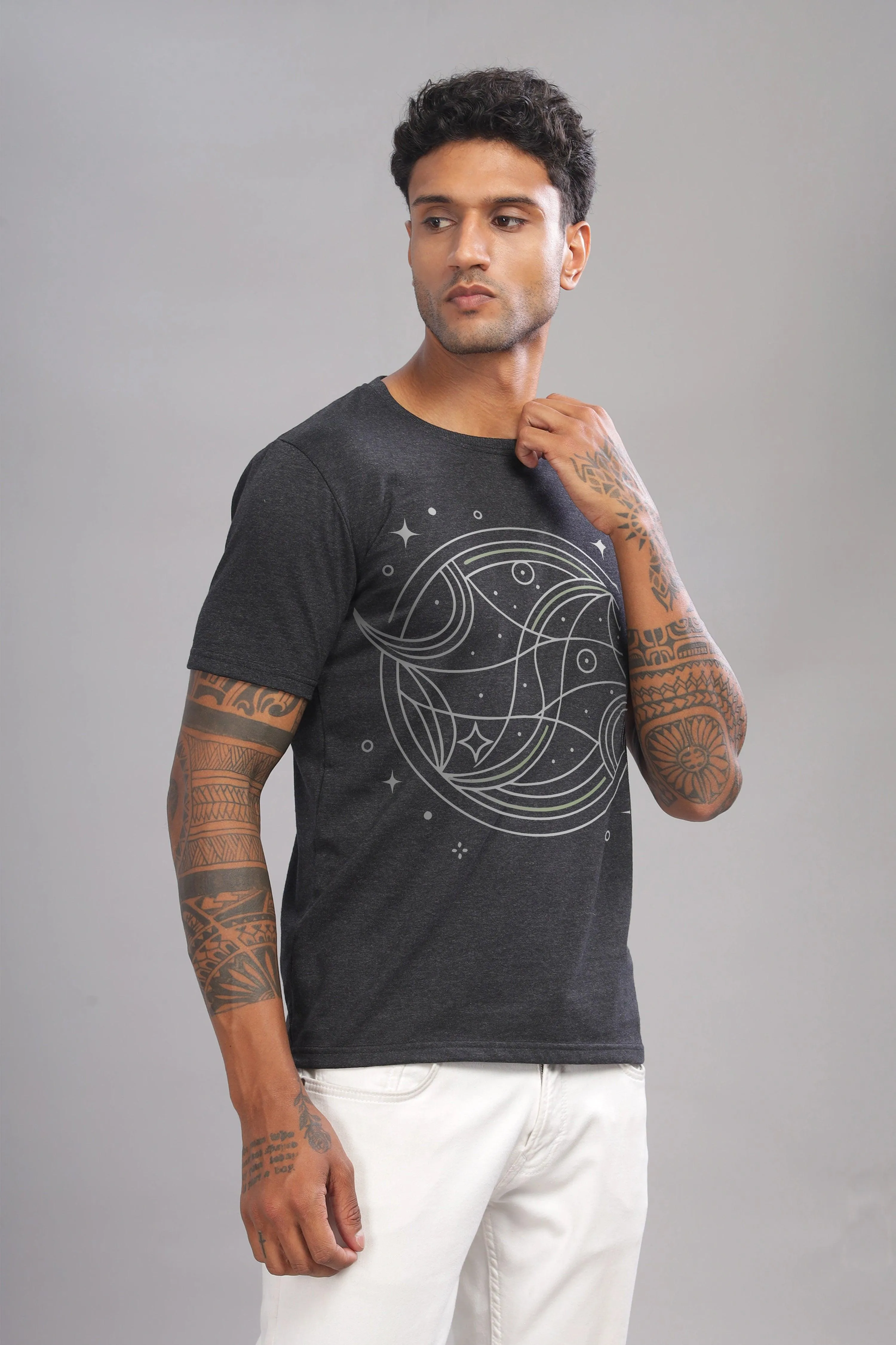 Peaceful Piscean Charcoal Half Sleeve Printed Round Neck T-Shirt