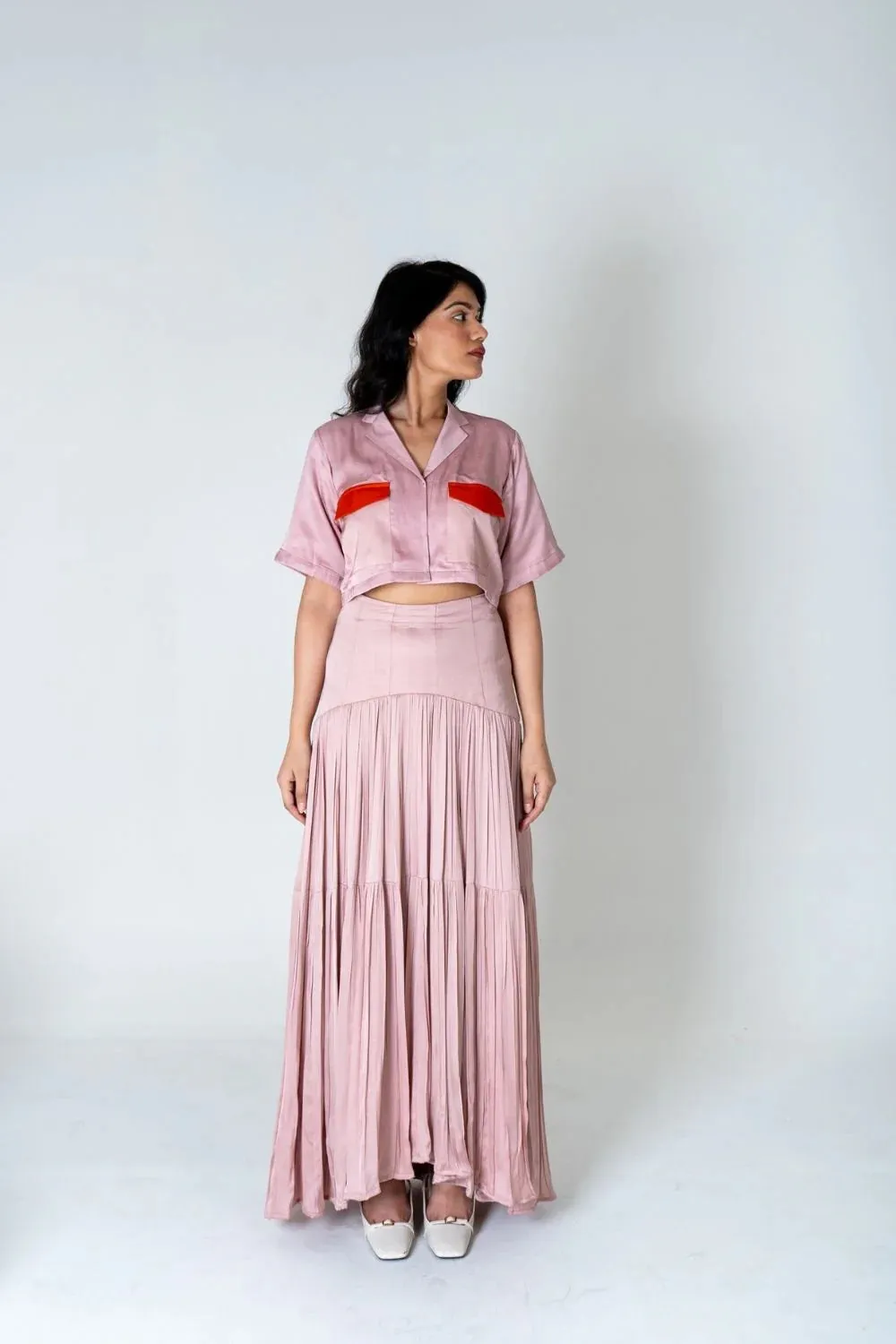 Pink-Orange Color-Blocked Maxi Skirt Set