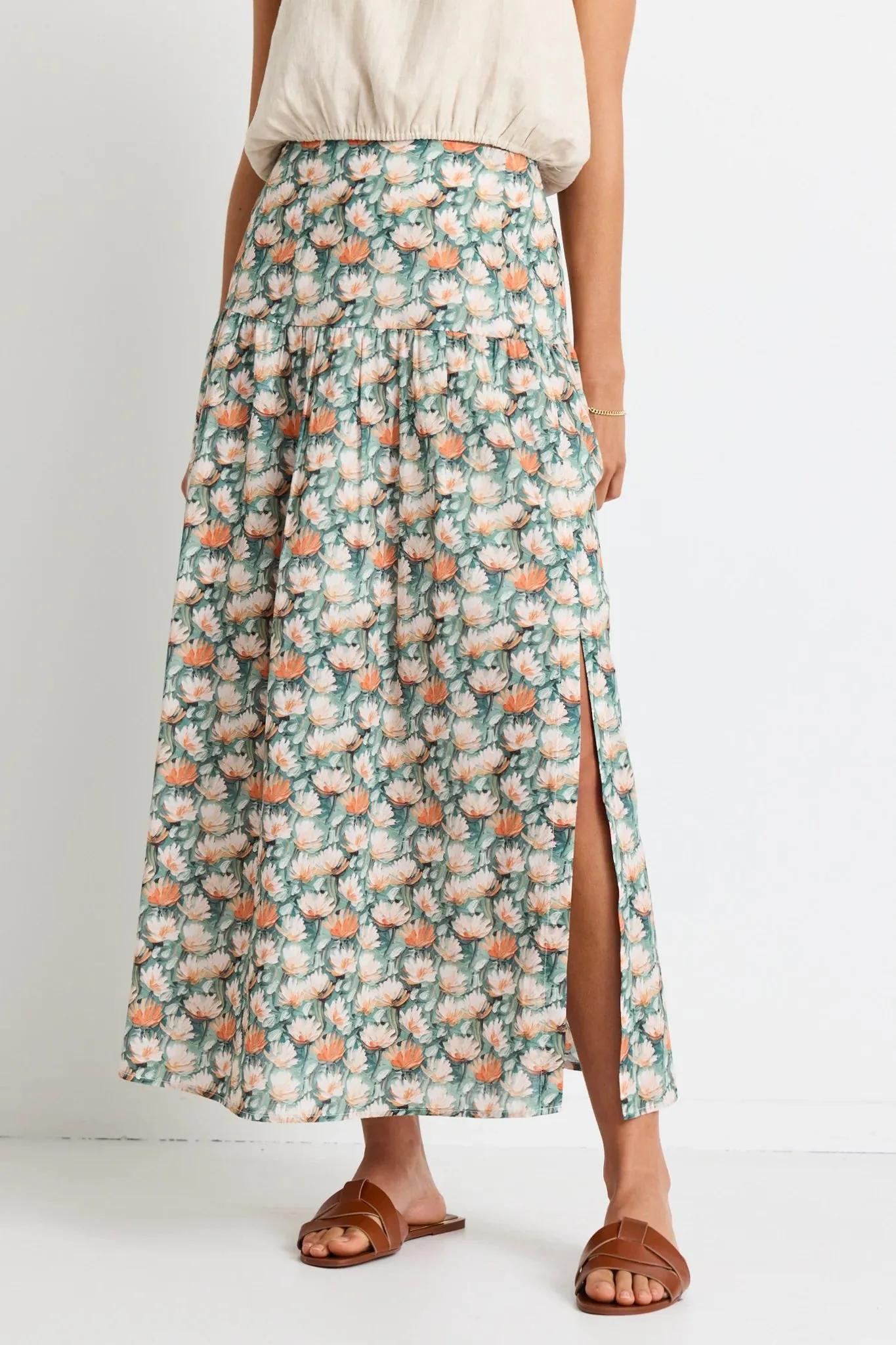 Pisces Peach Lily Tiered Split Front Maxi Skirt - Peach Lily