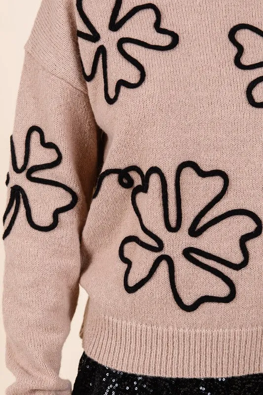 Plus Size Floral Embroidered Lightweigt Knit Sweater