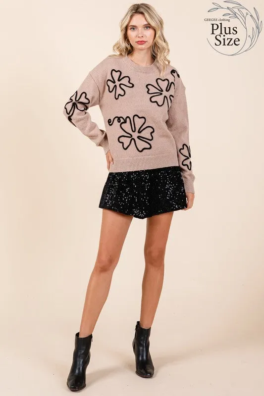 Plus Size Floral Embroidered Lightweigt Knit Sweater