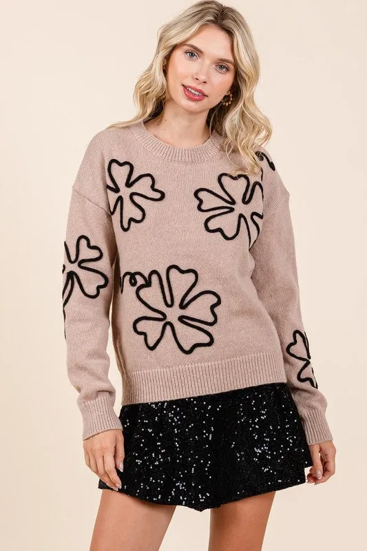 Plus Size Floral Embroidered Lightweigt Knit Sweater