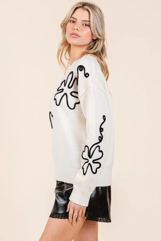 Plus Size Floral Embroidered Lightweigt Knit Sweater