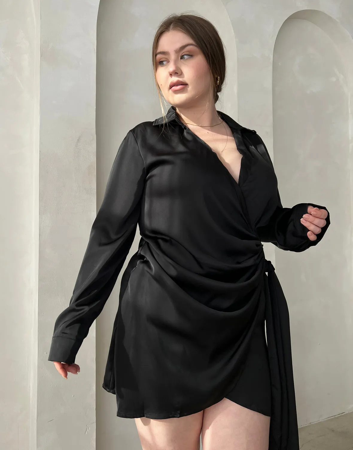 Plus Size Satin Tie Wrap Dress