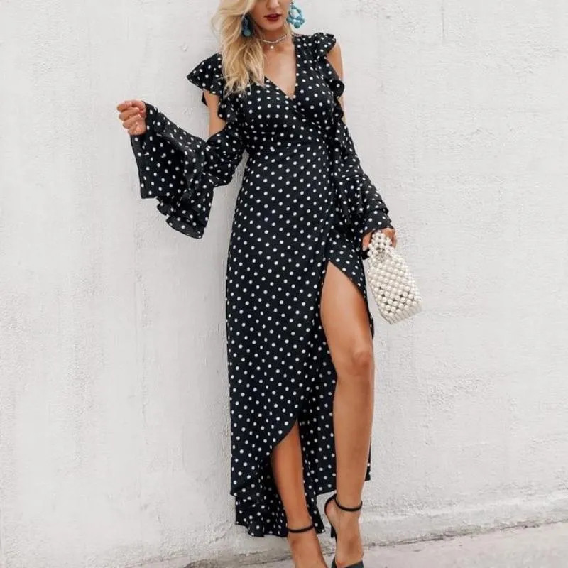 Polka Dot Ruffle Wrap Long Maxi Dress