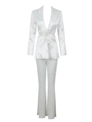 Pre Order:  White V-Neck Pearl Beaded Blazer   Pearl Beaded Flared Pants