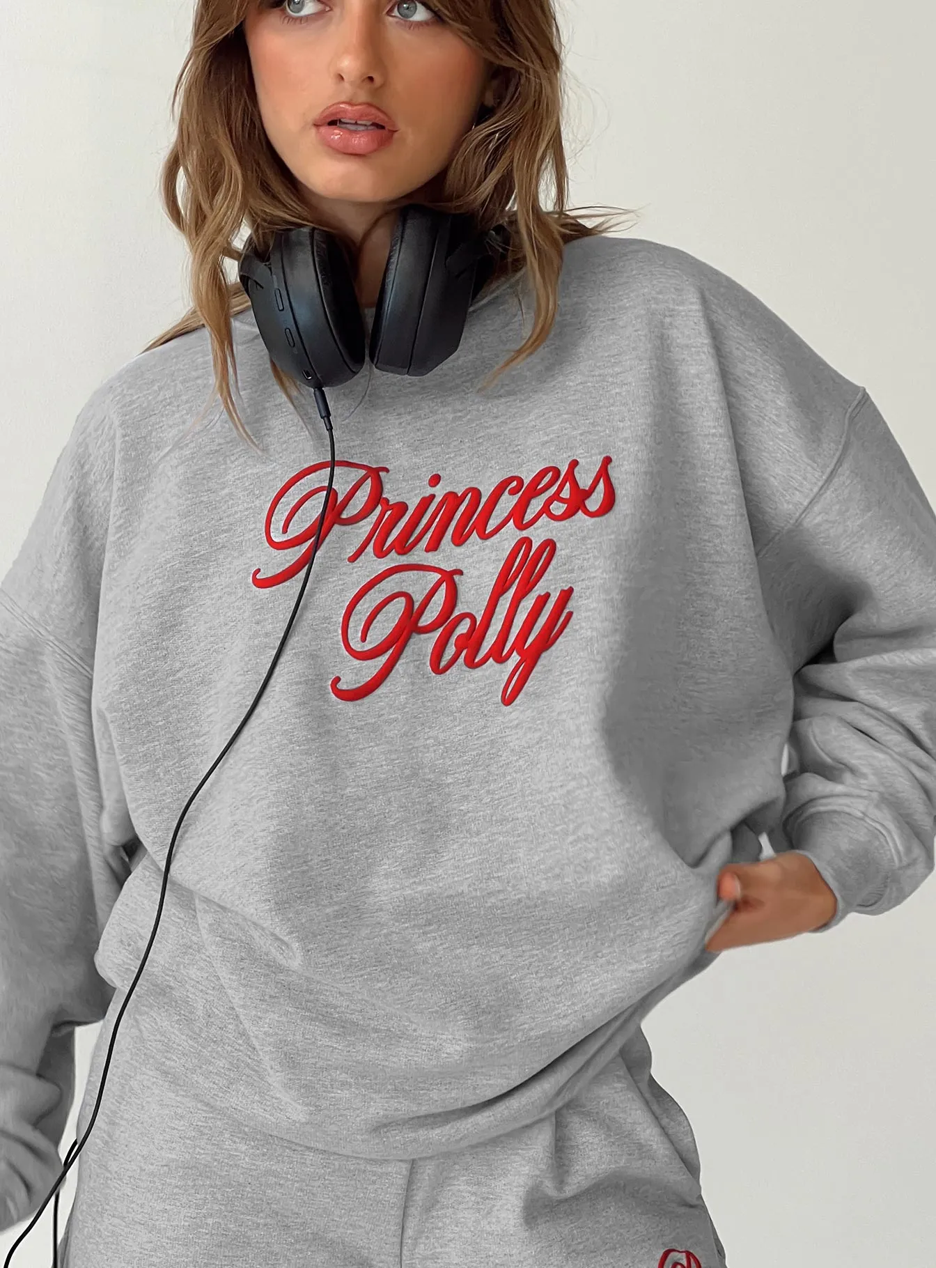 Princess Polly Crew Neck Sweatshirt Cursive Text Grey Marle / Red