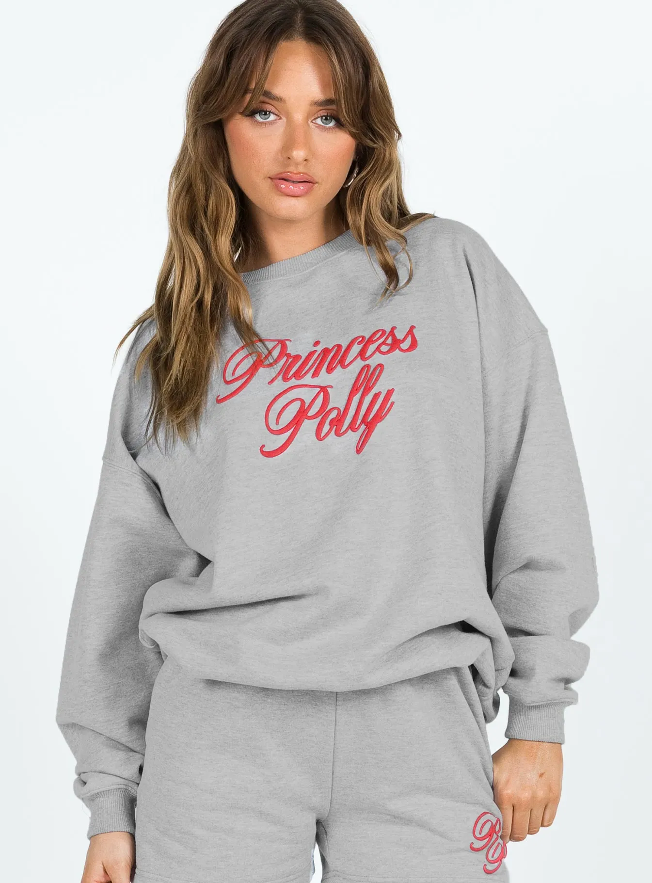 Princess Polly Crew Neck Sweatshirt Cursive Text Grey Marle / Red